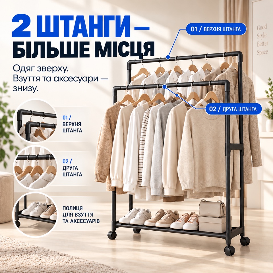 Дві штанги вішалки-стійки: верхня і друга, окремо для верхнього одягу та легких речей, полиця для взуття знизу