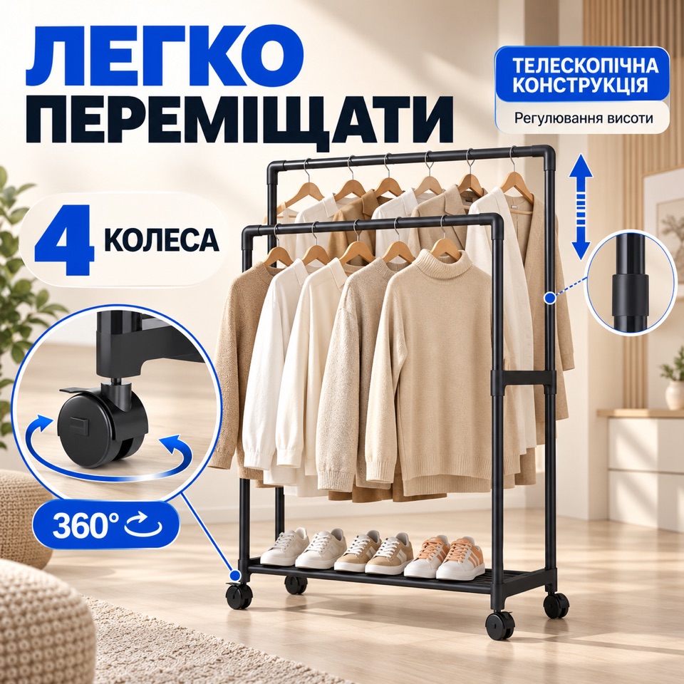 4 поворотні колеса 360° та телескопічна конструкція з регулюванням висоти вішалки-стійки