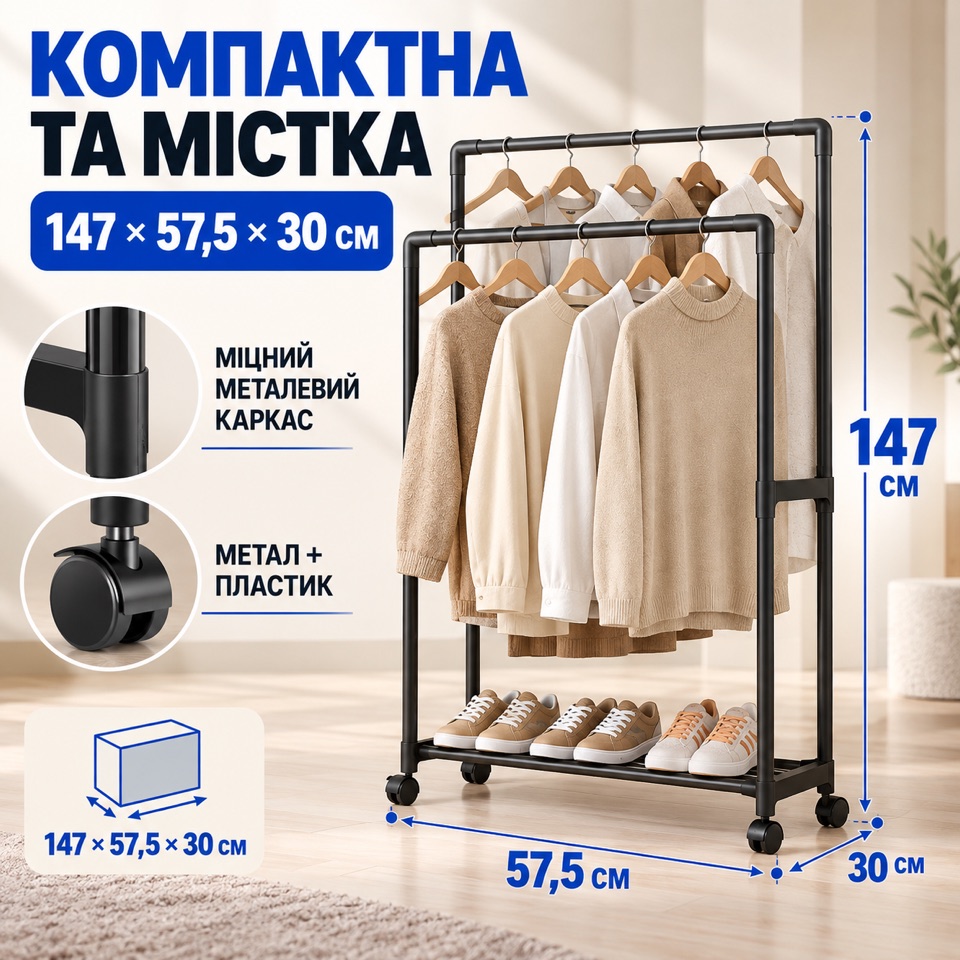 Розміри вішалки-стійки 147×57,5×30 см, металевий каркас, колеса метал+пластик